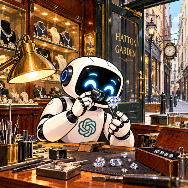 British editorial cartoon showing an AI robot examining a sparkling diamond through a jeweller's loupe inside a traditional Hatton Garden jewellery shop in London.