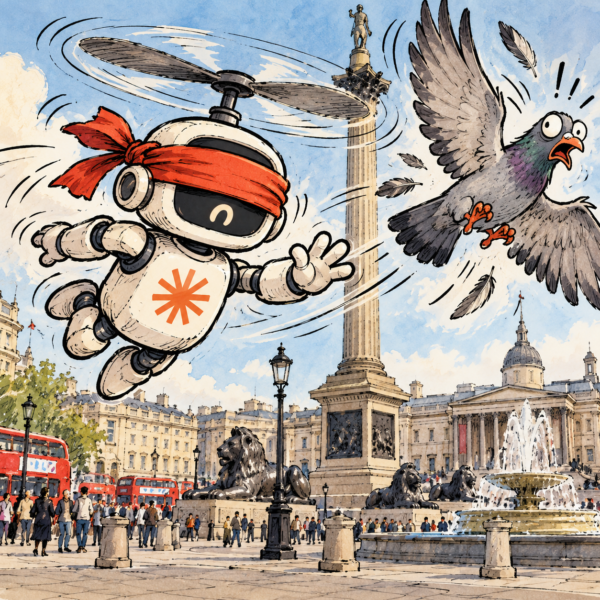 British editorial cartoon of a blindfolded AI robot with a helicopter propeller narrowly avoiding a terrified pigeon above London's Trafalgar Square.