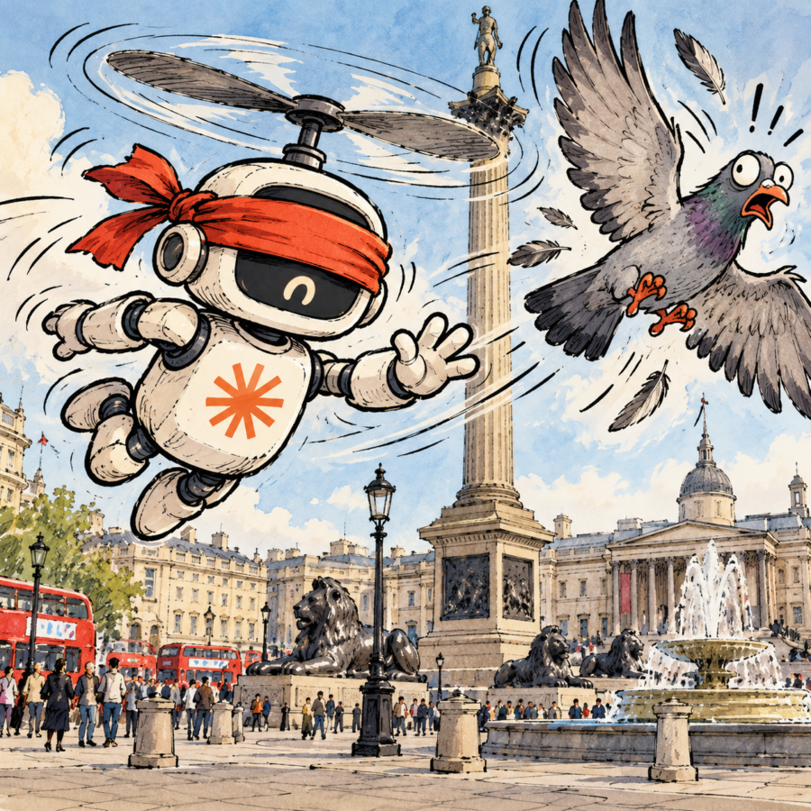 British editorial cartoon of a blindfolded AI robot with a helicopter propeller narrowly avoiding a terrified pigeon above London's Trafalgar Square.