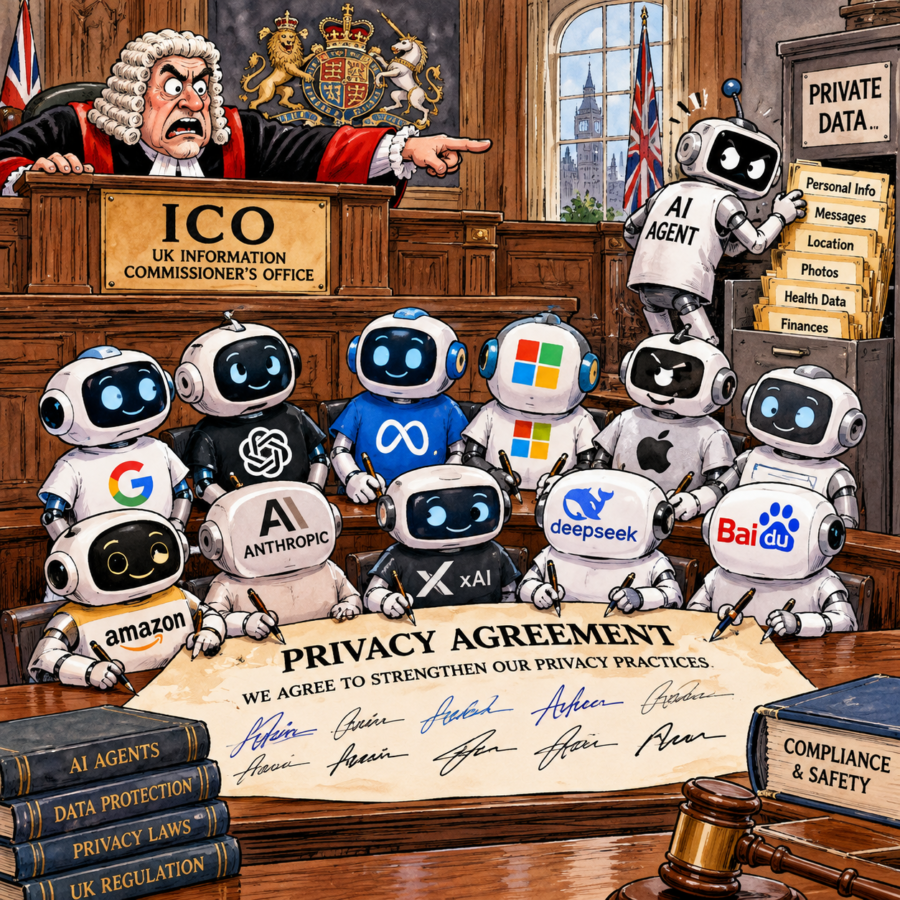 British editorial cartoon showing ten AI company robots signing a privacy agreement as an angry UK regulator points towards an AI agent accessing private personal data.