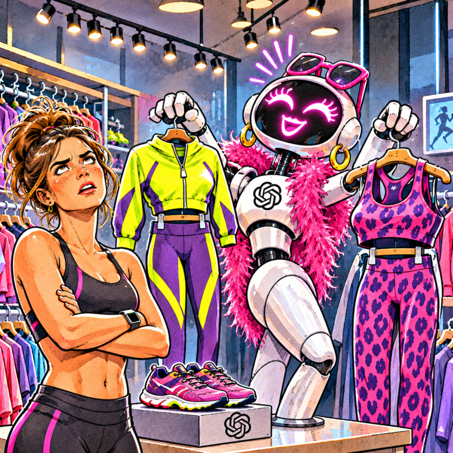 British newspaper editorial cartoon showing a glamorous AI robot stylist wearing pink sunglasses and a feather boa enthusiastically choosing colourful sportswear outfits for a frustrated young woman standing with her arms crossed in a sports shop.