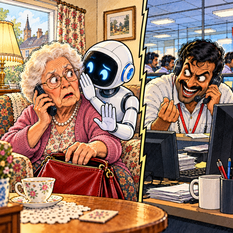 British editorial cartoon showing an AI robot warning an elderly woman during a phone call as a scammer attempts to trick her into handing over money.
