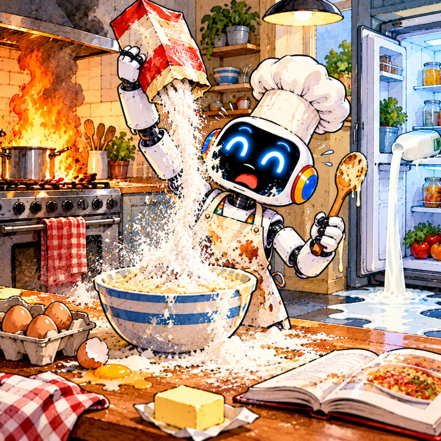 British newspaper editorial cartoon showing a cheerful AI robot chef creating chaos in a kitchen. Flour pours from an upside-down bag into an overflowing mixing bowl, a saucepan catches fire on the cooker, and milk spills from an open refrigerator while the robot enthusiastically follows a recipe.