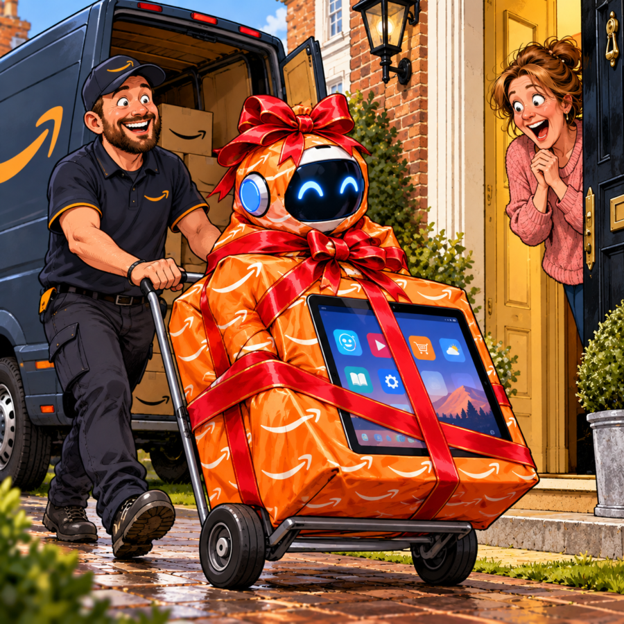 Satirical cartoon of an Amazon delivery driver wheeling a gift-wrapped AI robot and tablet to a delighted customer, illustrating Amazon's new screen-reading AI.