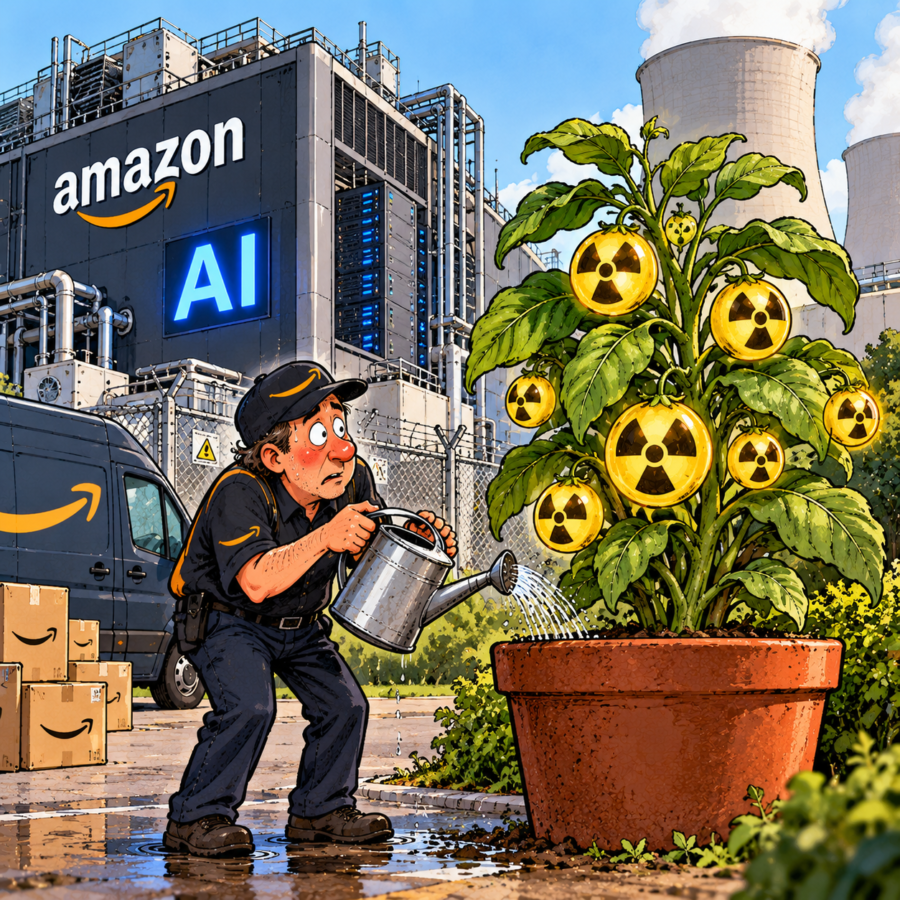 British editorial cartoon showing a worried Amazon delivery driver watering a giant green plant growing nuclear-symbol fruits beside an Amazon AI data centre.