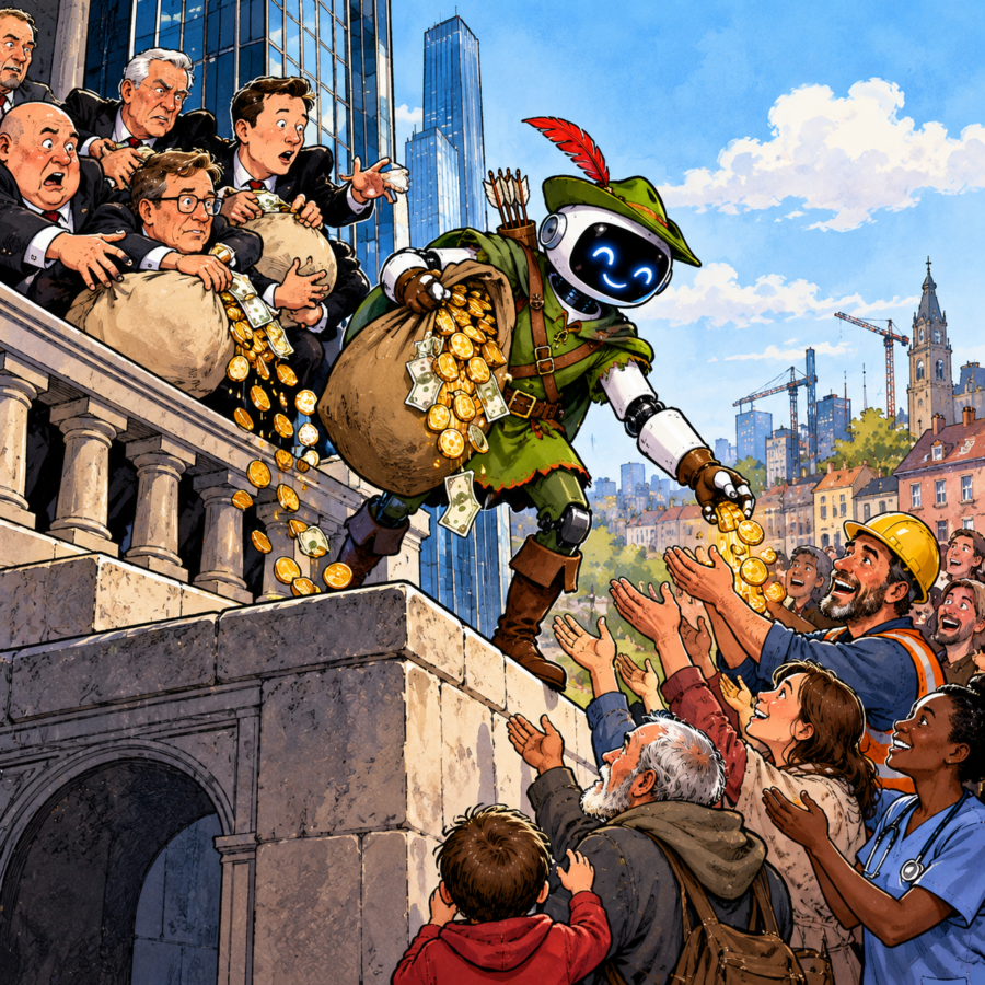 British newspaper editorial cartoon showing an AI robot dressed as Robin Hood taking bags of gold from wealthy technology executives and distributing coins to workers and families affected by artificial intelligence.