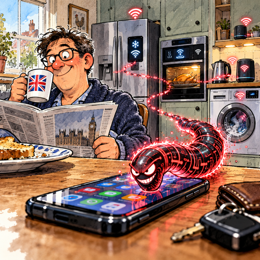 British editorial cartoon showing a sinister digital AI worm infiltrating a smartphone and spreading towards connected household appliances while the homeowner remains unaware.