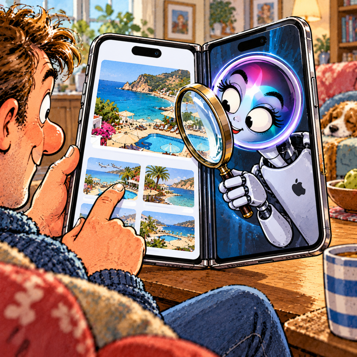 British editorial cartoon showing Siri AI peering through a magnifying glass at a holiday app on Apple's folding iPhone, illustrating cross-app screen awareness.