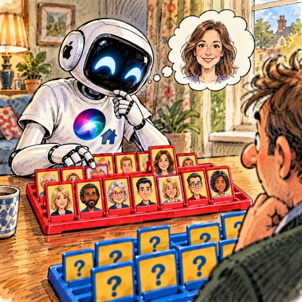 British editorial cartoon of a Siri-powered Apple HomeView robot playing Guess Who, using AI facial recognition to identify a person's face.