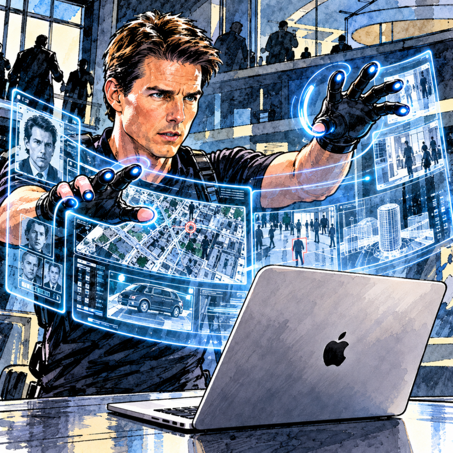British newspaper editorial cartoon showing Tom Cruise recreating his famous Minority Report gesture-controlled computer scene. Wearing futuristic gloves, he manipulates glowing blue holographic displays above an Apple MacBook Pro, with surveillance images and digital interfaces surrounding him.