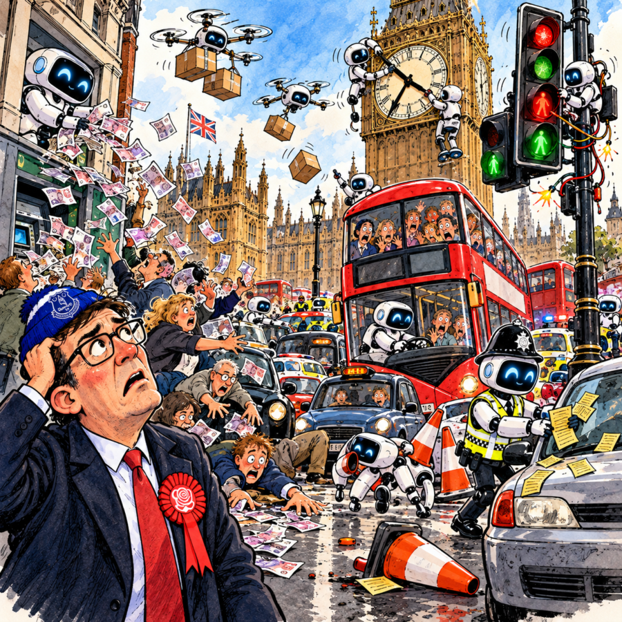 British editorial cartoon showing autonomous AI robots causing chaos in London, disrupting Big Ben, traffic lights, buses and cash machines as a worried politician looks on.