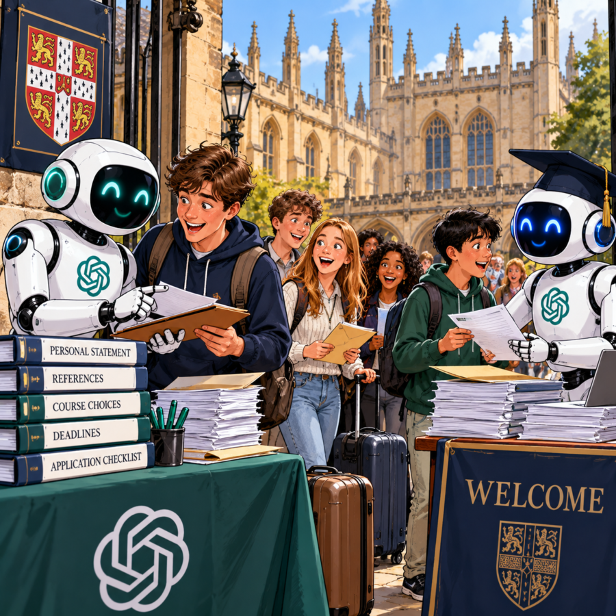 Satirical cartoon showing two ChatGPT AI robots helping teenagers with university application paperwork outside a grand Cambridge-style university.