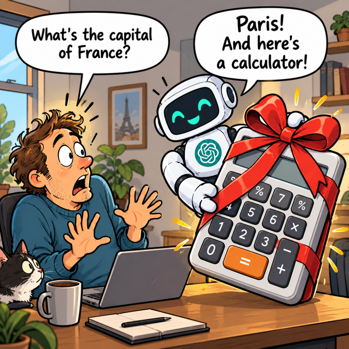 Cartoon of ChatGPT answering a question about France before surprising a confused user with a giant gift-wrapped calculator.