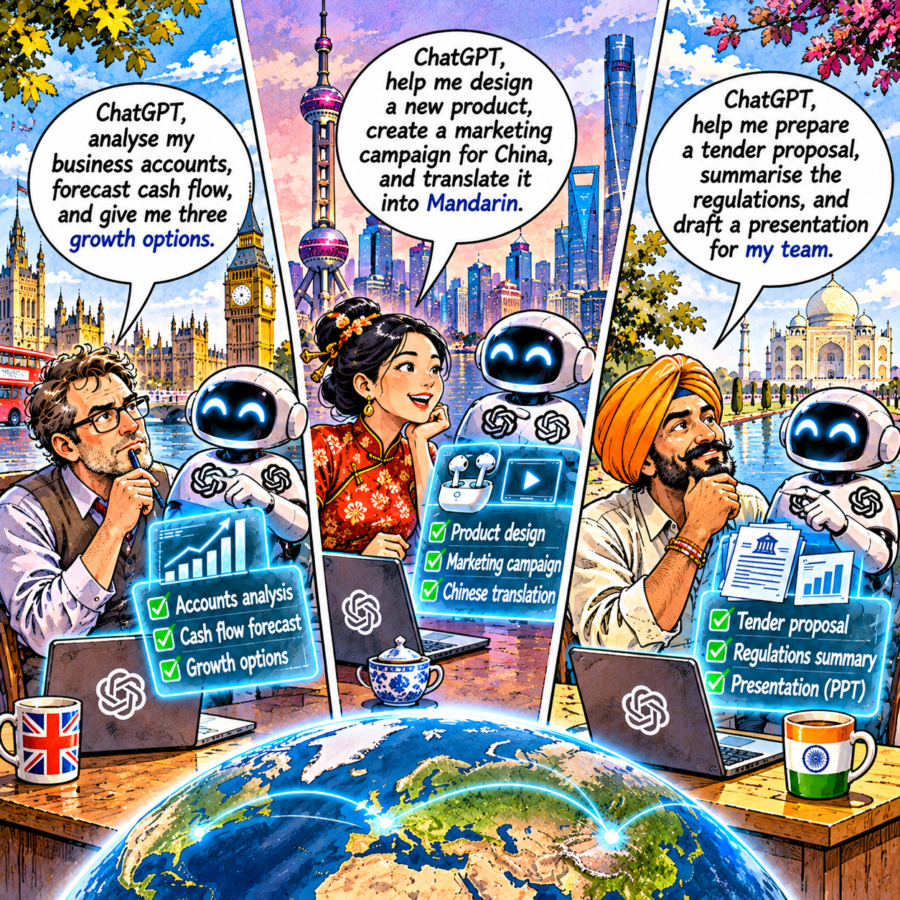 British newspaper editorial cartoon divided into three scenes showing professionals in London, Shanghai and India using ChatGPT robots for different tasks, including financial forecasting, product design, marketing and business proposals, with Big Ben, the Oriental Pearl Tower and the Taj Mahal in the backgrounds.
