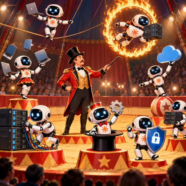 Claude AI robots perform circus tricks involving servers, laptops, cloud computing and cybersecurity while a human ringmaster supervises their activities.