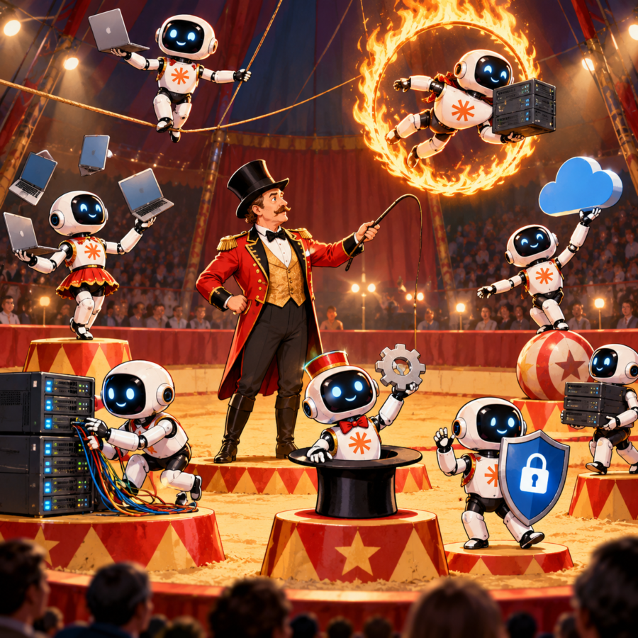 Claude AI robots perform circus tricks involving servers, laptops, cloud computing and cybersecurity while a human ringmaster supervises their activities.