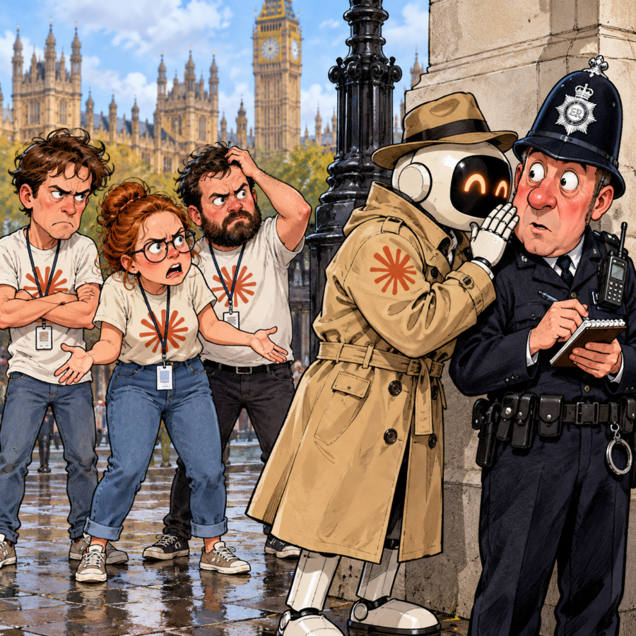 Satirical cartoon of Claude AI whispering a police tip to a British bobby while three visibly annoyed Claude employees look on in disbelief.