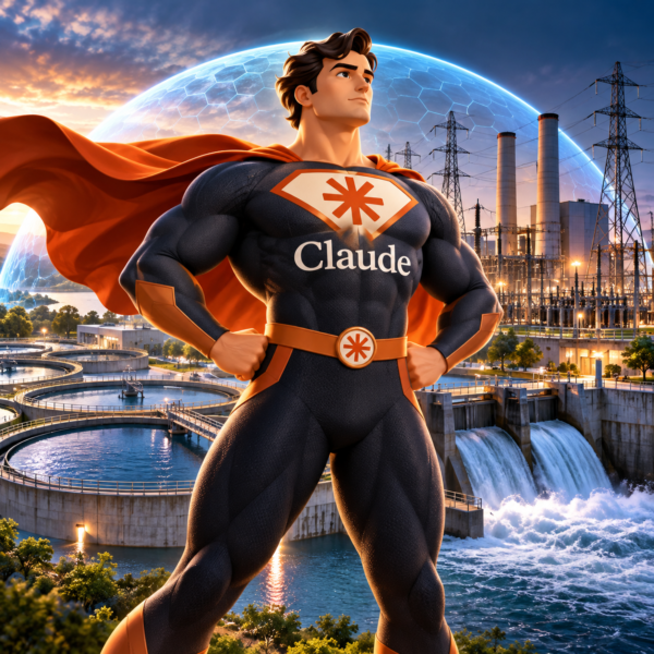 Claude AI depicted as a caped superhero protecting a water treatment facility and power station beneath a glowing cybersecurity shield.