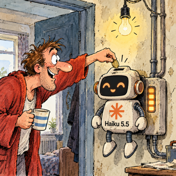 British newspaper-style cartoon of a man inserting a coin into a wall-mounted Claude Haiku 5.5 robot, resembling an old-fashioned prepaid electricity meter.