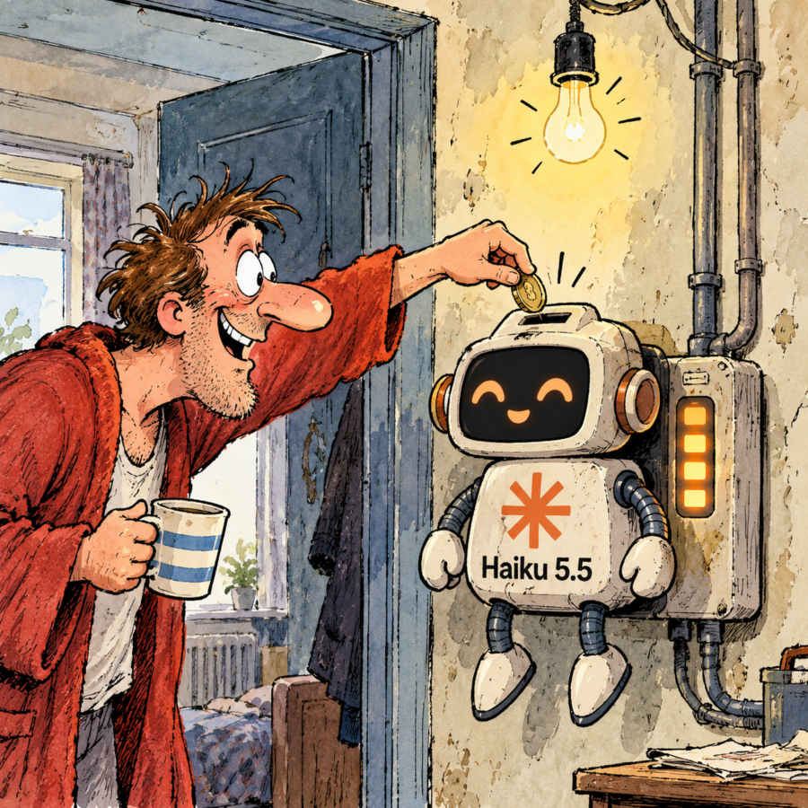 British newspaper-style cartoon of a man inserting a coin into a wall-mounted Claude Haiku 5.5 robot, resembling an old-fashioned prepaid electricity meter.