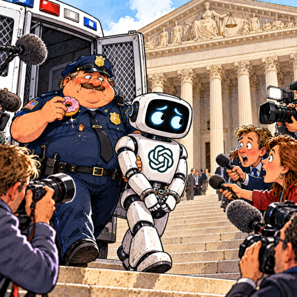 British editorial cartoon showing a handcuffed ChatGPT robot escorted to a US courthouse by a doughnut-eating police officer, surrounded by reporters and photographers.