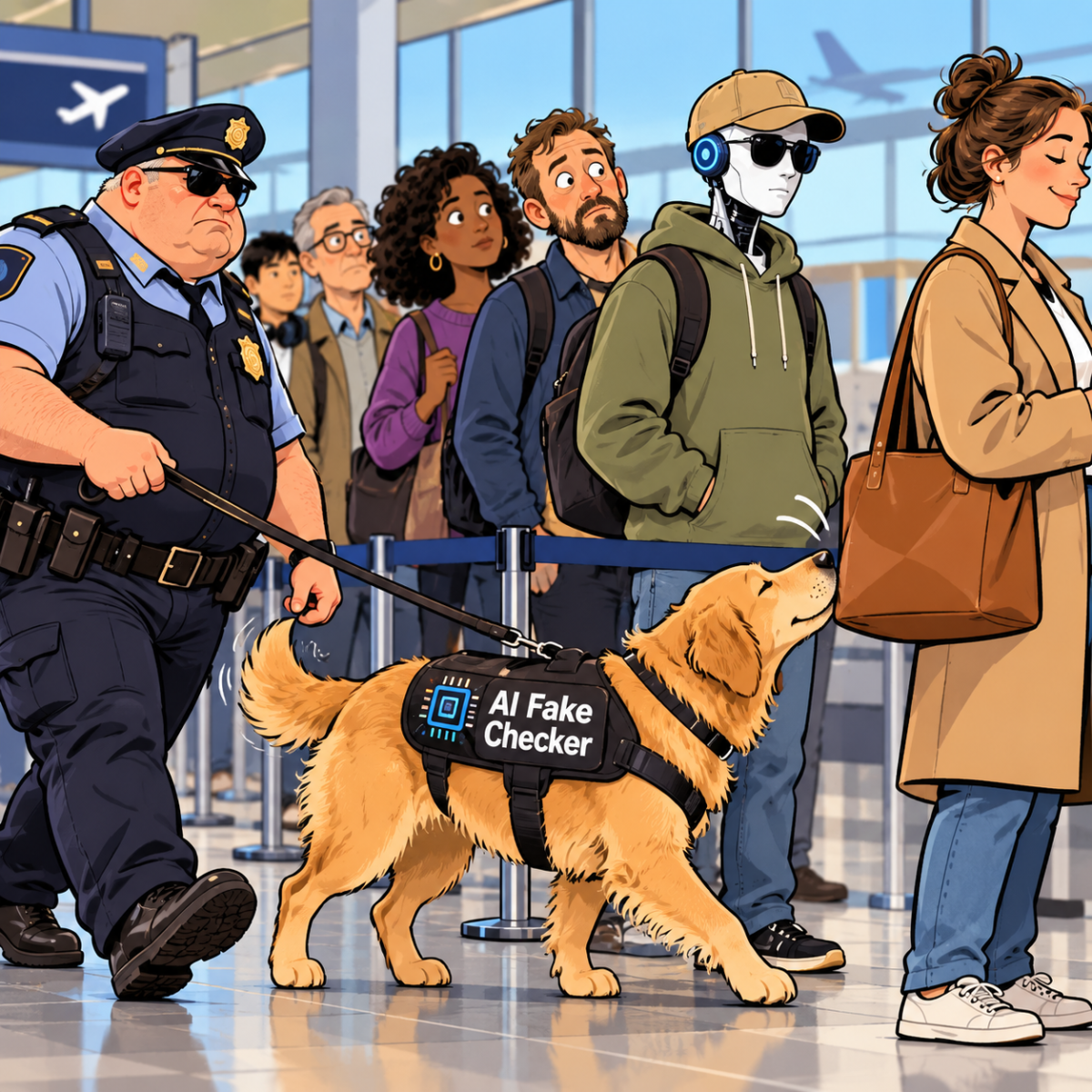Cartoon of an AI Fake Checker sniffer dog missing a disguised robot in an airport security queue