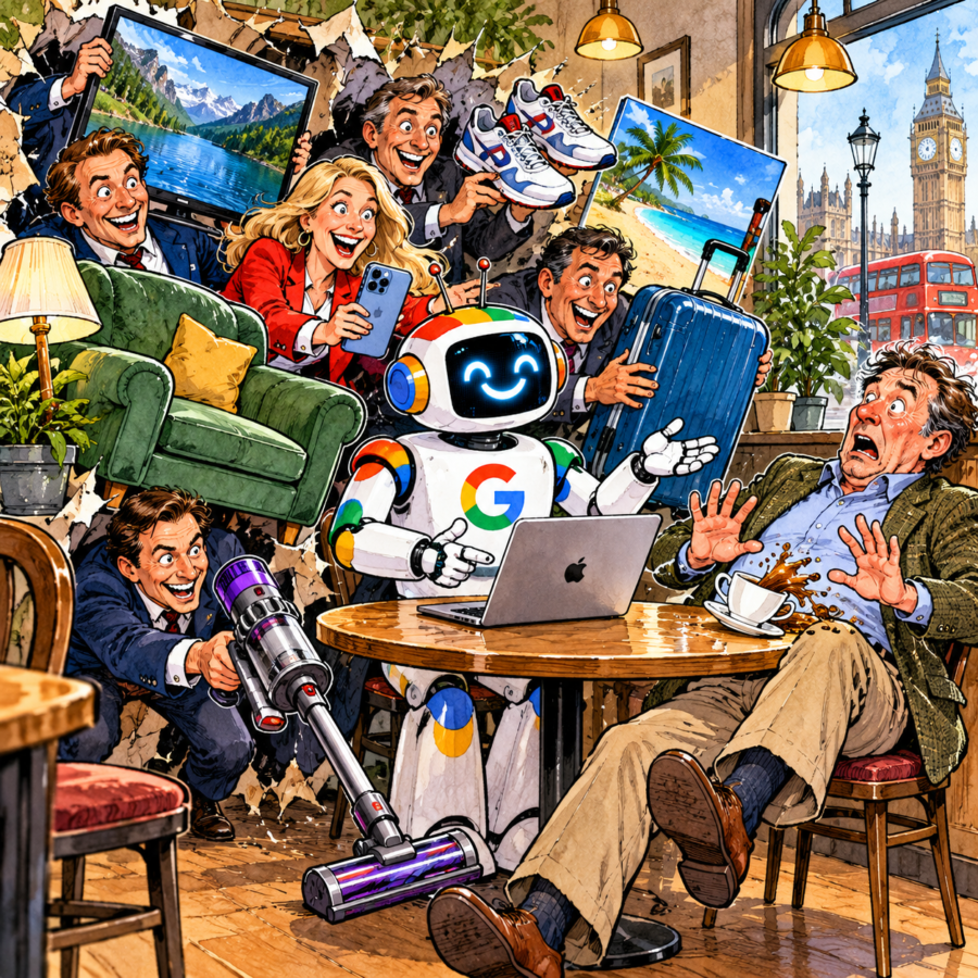 British newspaper editorial cartoon showing a smiling Google AI robot in a London café surrounded by enthusiastic salespeople pushing televisions, trainers, holidays, furniture, phones and a vacuum cleaner towards a horrified customer whose cup of tea is flying through the air.