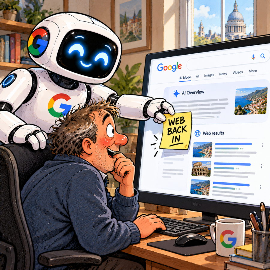 British editorial cartoon showing a Google AI robot placing a yellow sticky note reading “Web Back In” on a computer screen displaying Google AI search answers and traditional web results.