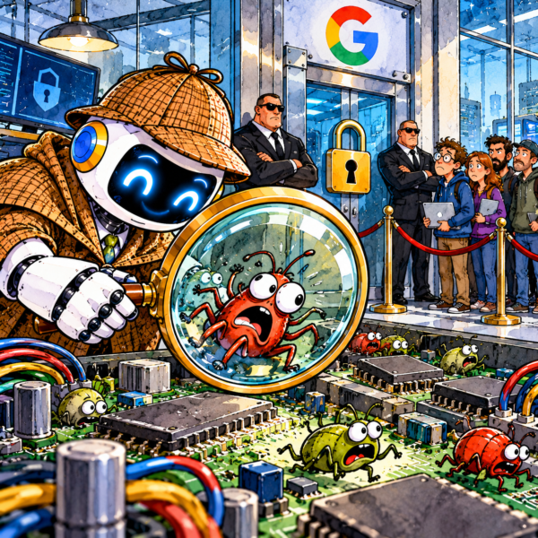 British newspaper editorial cartoon showing a cheerful Google AI robot dressed as Sherlock Holmes, using a giant magnifying glass to investigate terrified computer bugs hiding on a circuit board. Behind the detective, security guards protect a locked Google laboratory while disappointed developers wait outside.