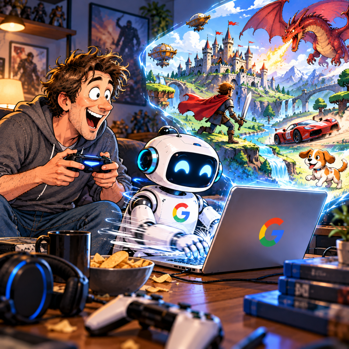 Cartoon of an excited gamer holding a controller while a Google AI robot rapidly creates a video game on a laptop, bringing dragons, castles, racing cars and fantasy worlds to life.