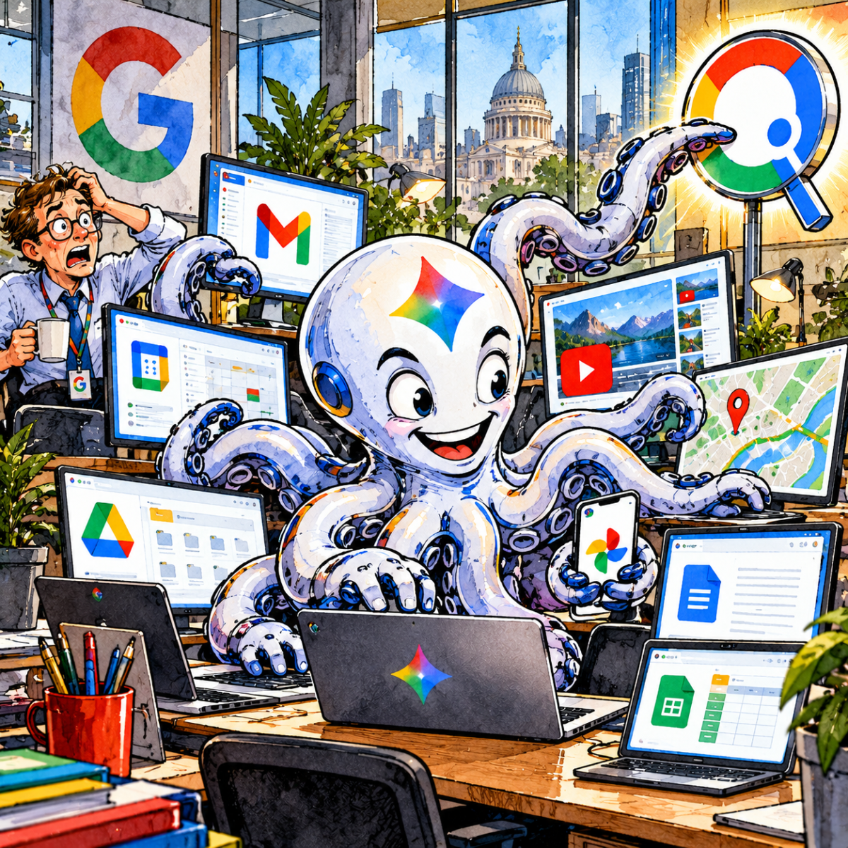 British newspaper editorial cartoon showing a cheerful Gemini AI octopus with multiple robotic tentacles operating Google apps including Gmail, Calendar, YouTube, Maps, Drive, Docs and Sheets. One tentacle reaches towards a giant Google Search magnifying glass while a bewildered Google employee watches helplessly.