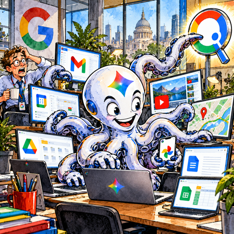 British newspaper editorial cartoon showing a cheerful Gemini AI octopus with multiple robotic tentacles operating Google apps including Gmail, Calendar, YouTube, Maps, Drive, Docs and Sheets. One tentacle reaches towards a giant Google Search magnifying glass while a bewildered Google employee watches helplessly.
