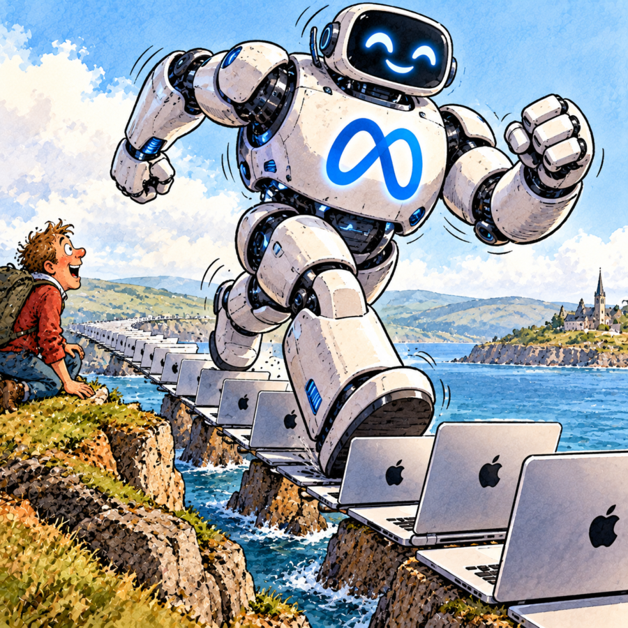 British editorial cartoon showing a giant Meta AI robot running across a causeway made of Apple MacBooks, illustrating how Meta's powerful AI can run locally on Macs.