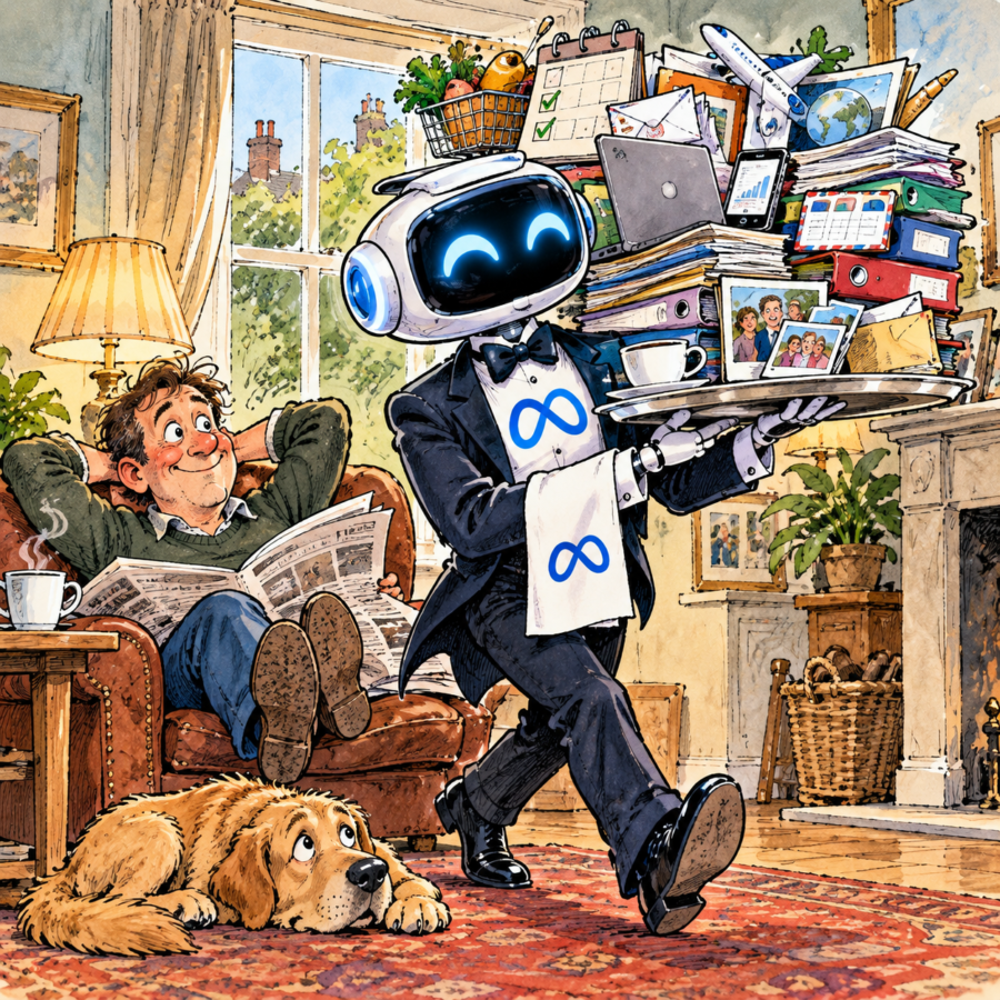 British editorial cartoon of a Meta AI robot dressed as a butler, carrying multiple tasks while its human owner relaxes, illustrating Muse Wonder's contextual memory.