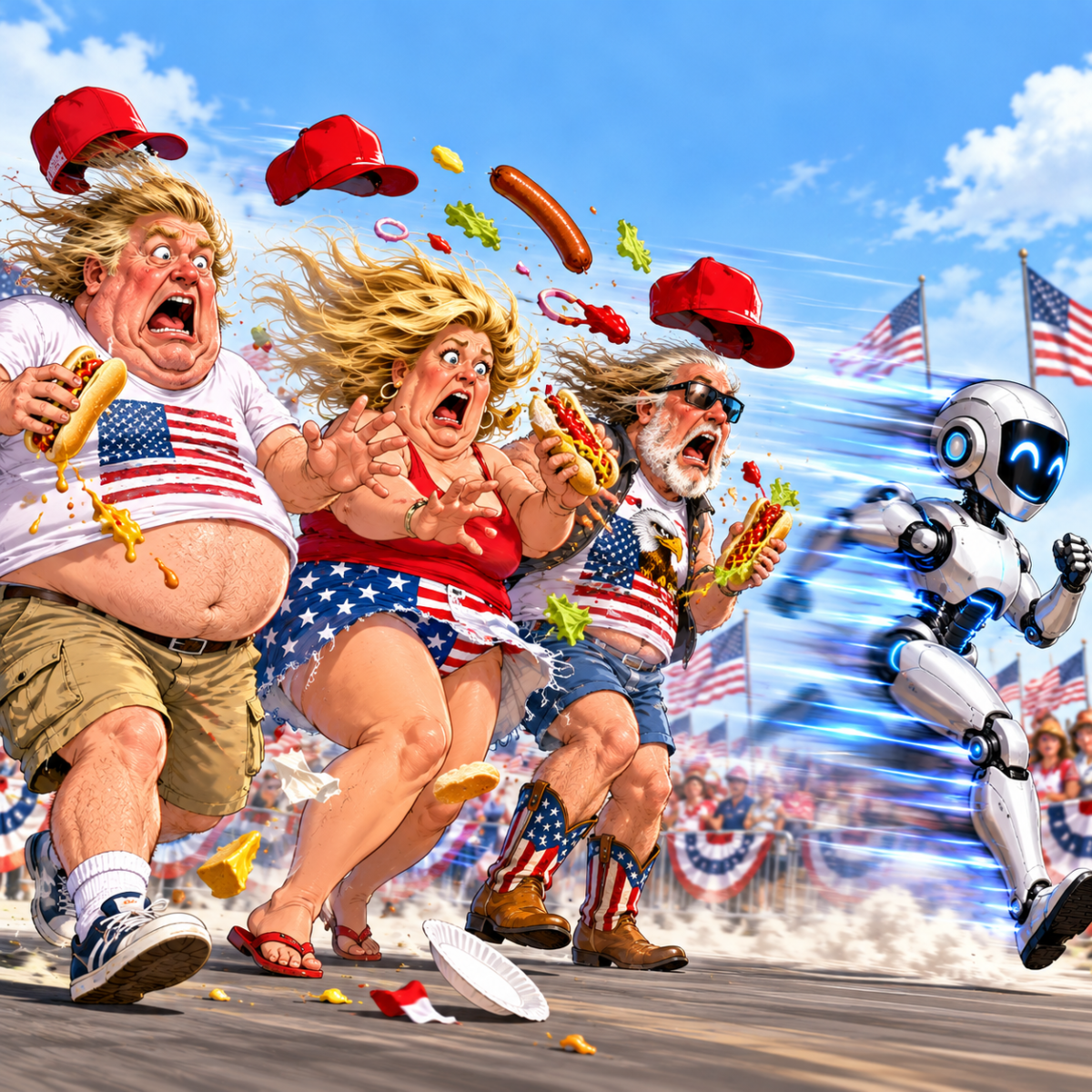 Satirical editorial cartoon showing three shocked American Trump supporters as a speeding AI robot sends their hats, hair and hot dogs flying.