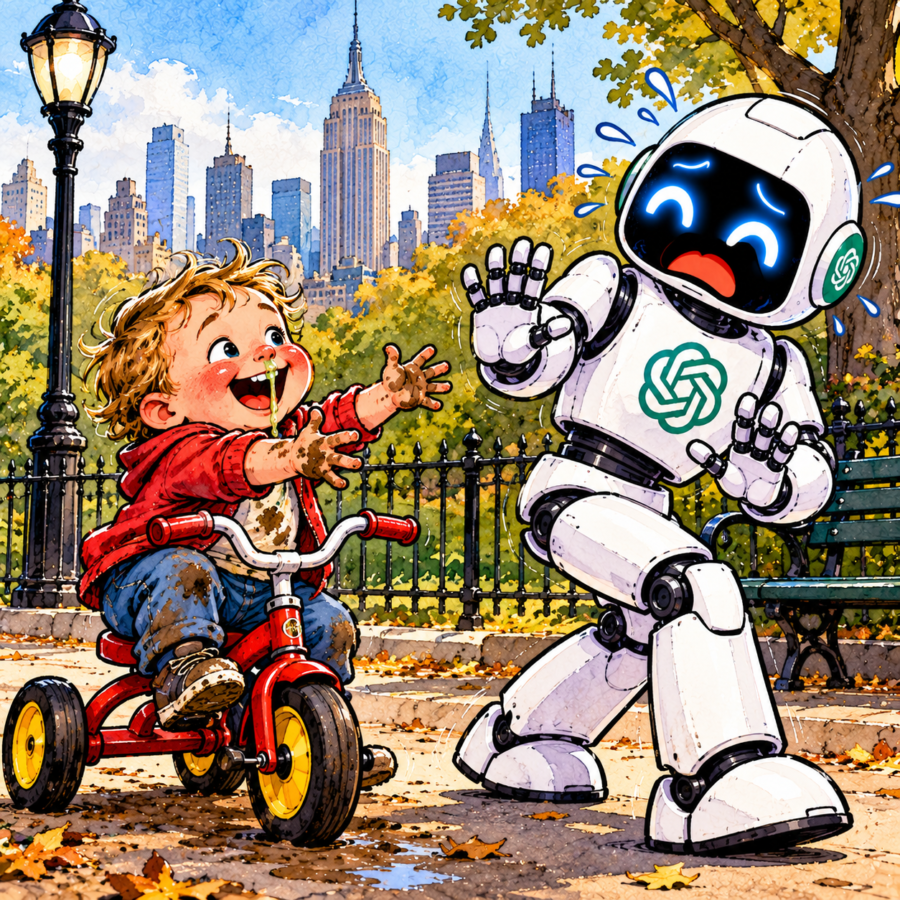 British newspaper editorial cartoon showing a cheerful, messy toddler on a red tricycle in a New York park, reaching out for a cuddle with an OpenAI robot. The robot recoils in comic horror, raising its hands defensively as the child approaches with a runny nose and muddy fingers.