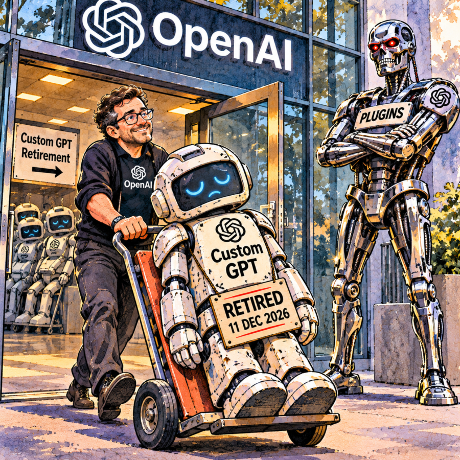British editorial cartoon showing an OpenAI employee wheeling a sad, retired Custom GPT robot out of OpenAI headquarters while a menacing, Terminator-style Plugin robot with glowing red eyes stands waiting with its arms crossed.