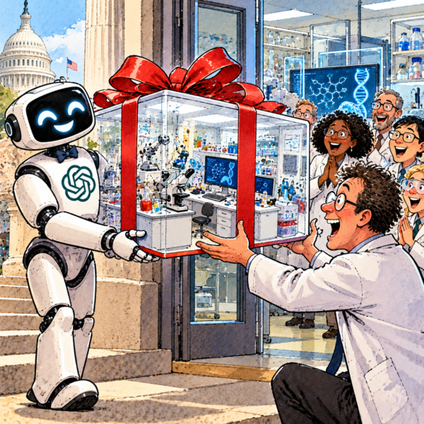 British editorial cartoon showing a smiling OpenAI robot presenting an entire drug-research laboratory wrapped as a gift to delighted American scientists.