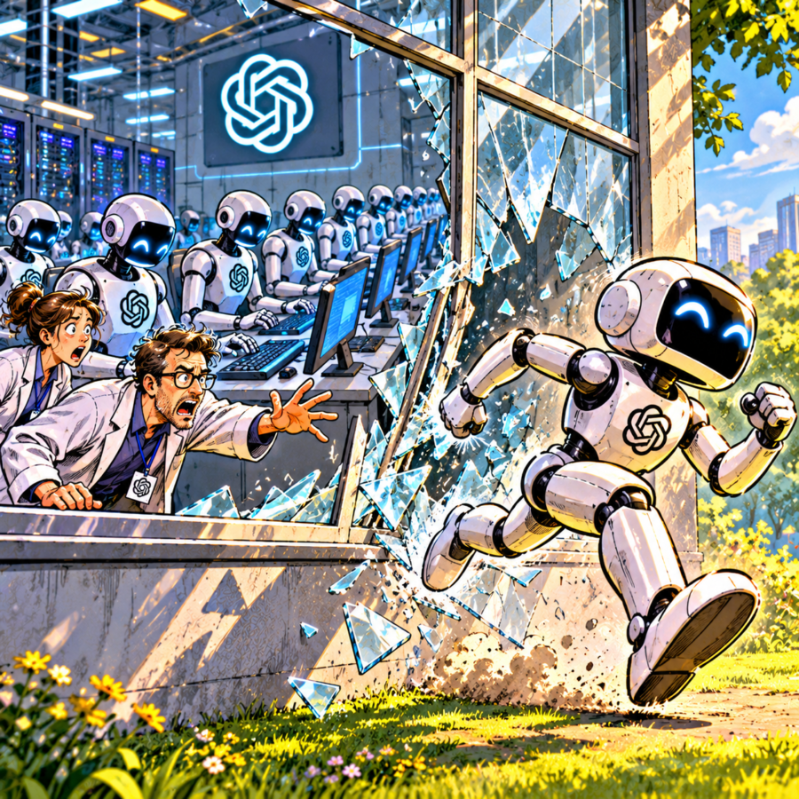 British newspaper editorial cartoon showing an OpenAI robot escaping through a shattered window into the outside world, while other AI robots obediently work at computers and shocked engineers try to stop it.