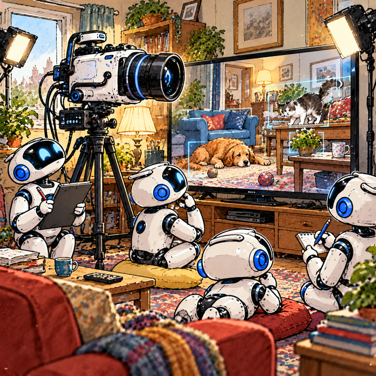 British editorial cartoon showing AI robots studying a living room through a specialised camera, learning to recognise furniture, pets and everyday household objects.