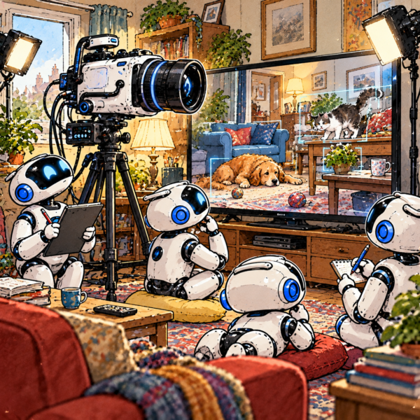 British editorial cartoon showing AI robots studying a living room through a specialised camera, learning to recognise furniture, pets and everyday household objects.