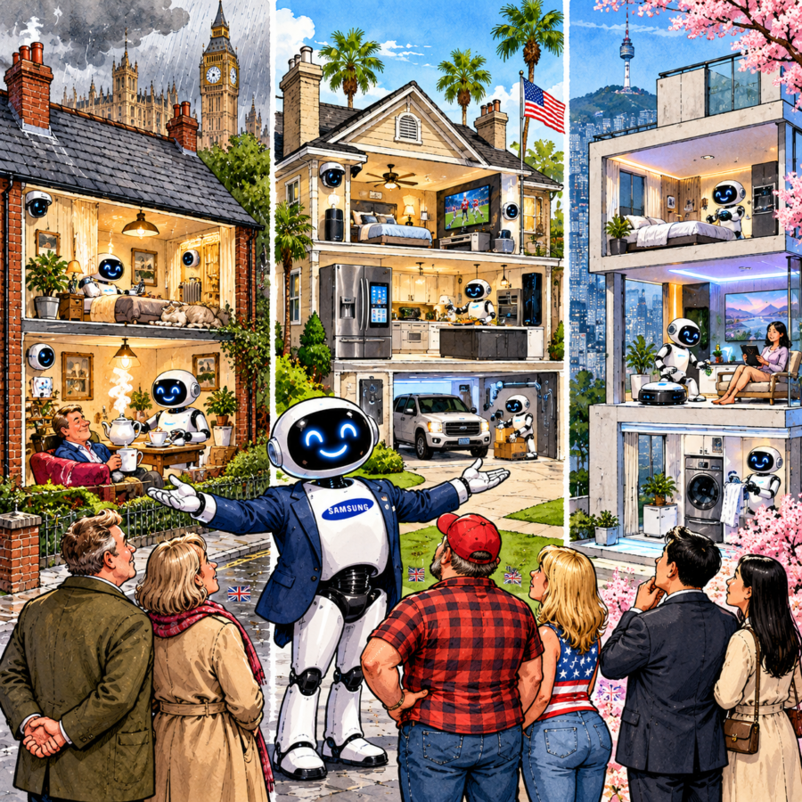British editorial cartoon showing a Samsung AI robot presenting three smart homes tailored to Britain, America and South Korea, featuring AI-powered appliances, home security and household automation.