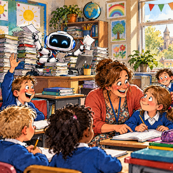 British editorial cartoon showing a smiling teacher helping pupils in a classroom while an AI robot handles mountains of marking, paperwork and administrative tasks.
