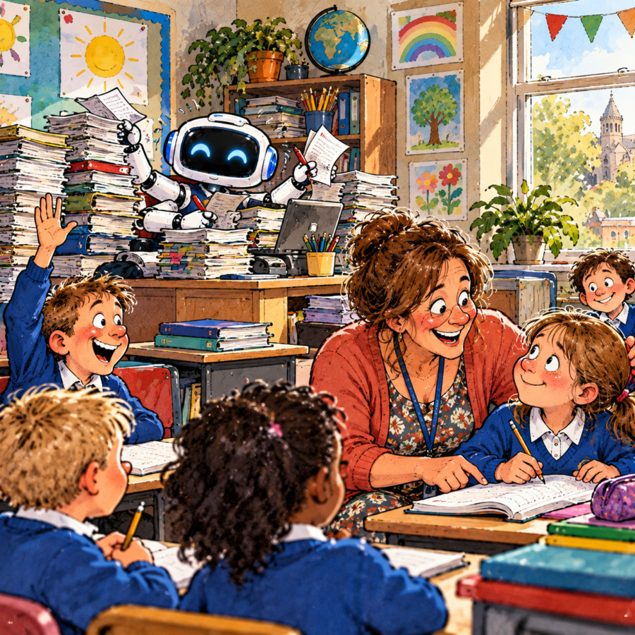 British editorial cartoon showing a smiling teacher helping pupils in a classroom while an AI robot handles mountains of marking, paperwork and administrative tasks.