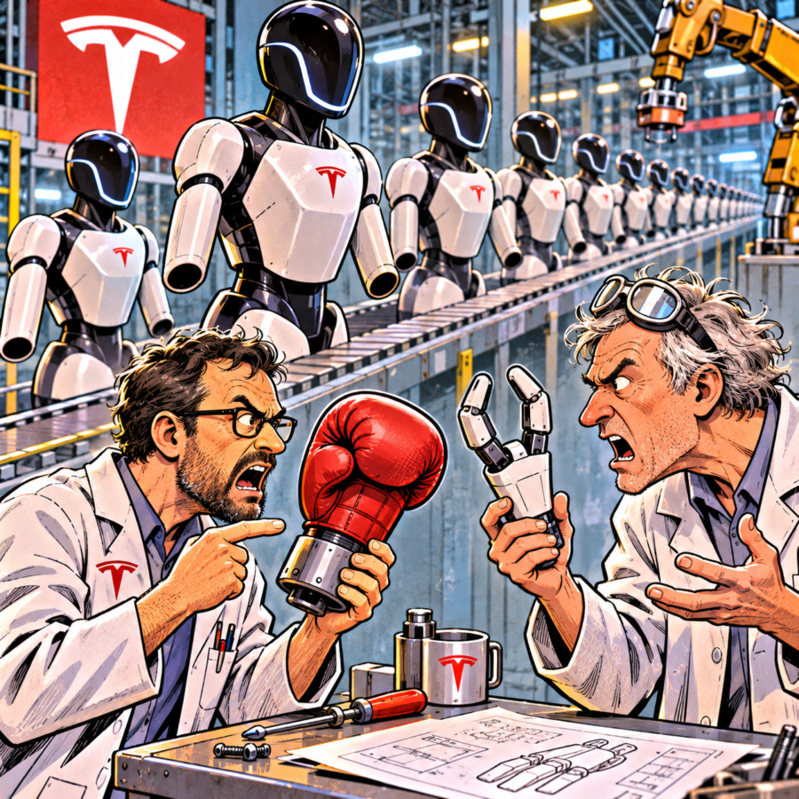 British newspaper editorial cartoon showing a long conveyor belt of Tesla Optimus humanoid robots without hands, while two frustrated engineers argue over fitting either a boxing glove or a three-fingered robotic hand.