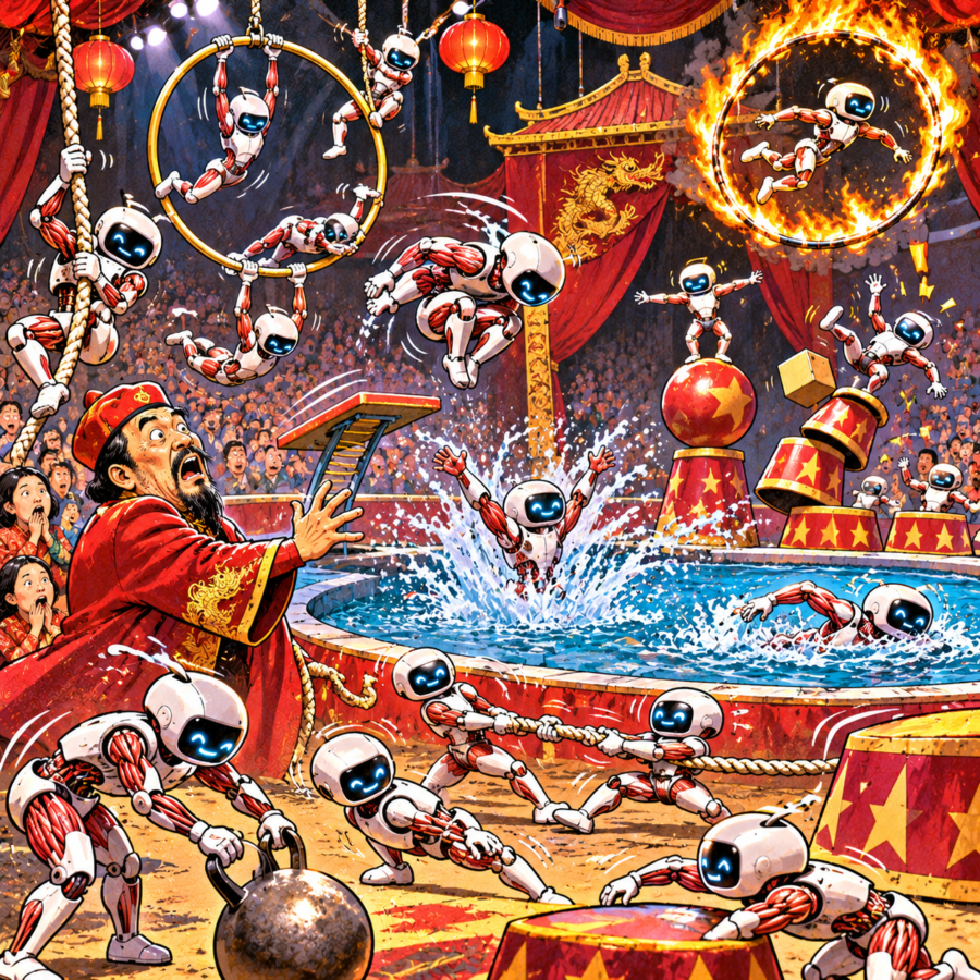 British newspaper editorial cartoon showing chaotic scenes at a Chinese-style circus where tiny robots with artificial bodies and living muscles leap into a swimming pool, swing from hoops, jump through flaming rings and perform acrobatics, leaving the ringmaster astonished.