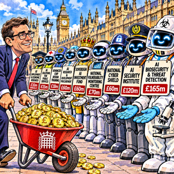 British newspaper editorial cartoon showing a smiling Andy Burnham pushing a wheelbarrow overflowing with gold pound coins towards a queue of AI robots outside the Houses of Parliament. Each robot holds out its hands and wears a placard identifying a government AI funding programme and its announced allocation.