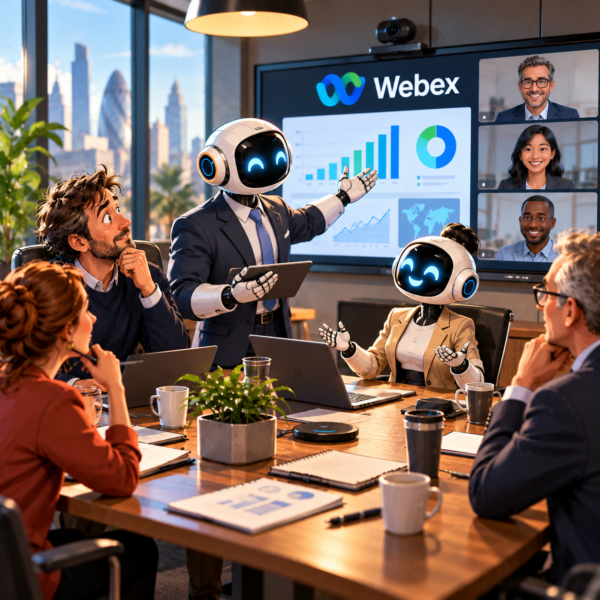 Two AI robots participate in a Webex business meeting, presenting charts and discussing ideas with human colleagues around a conference table.