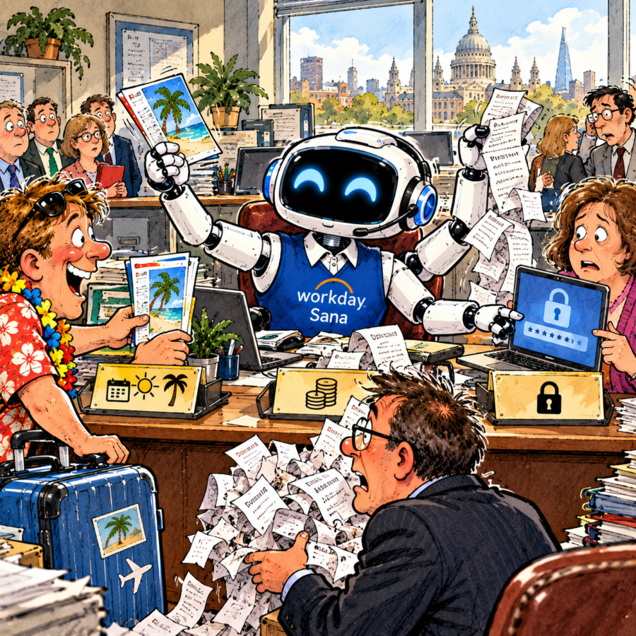 British editorial cartoon of Workday's Sana AI robot multitasking in a busy office, handling holiday requests, expense receipts and password resets for employees.